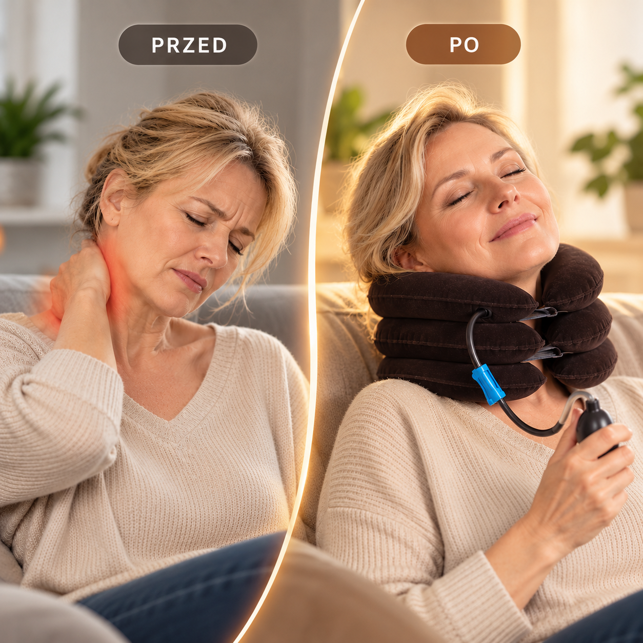 Neckora - porównanie przed i po, ilustracja komfortu szyi